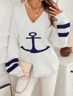 Discount Women's Sweater Elegant Fashion Streetwear Graphic V Neck Knitted Long Sleeve Long Tops Knit Daily Weekend Fall Winter Women Pullovers & Tops