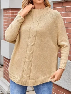 Clearance Women's Sweater Elegant Fashion Streetwear Solid Color Cable Crew Neck Knitted Long Sleeve Long Tops Knit Formal Party Pink Khaki Fall Winter Women Pullovers & Tops