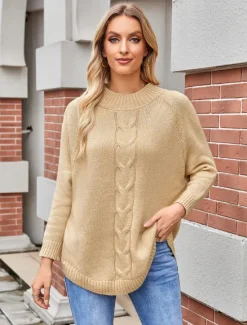 Clearance Women's Sweater Elegant Fashion Streetwear Solid Color Cable Crew Neck Knitted Long Sleeve Long Tops Knit Formal Party Pink Khaki Fall Winter Women Pullovers & Tops