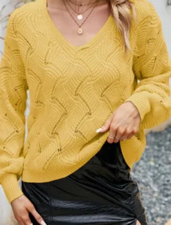 Outlet Women's Sweater Elegant Fashion Daily Solid Color Crochet V Neck Knitted Long Sleeve Regular Tops Knit Work Yellow Dusty Blue Fall Winter Women Pullovers & Tops