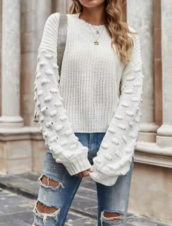 Online Women's Sweater Elegant Fashion Daily Solid Color Crew Neck Knitted Textured Long Sleeve Regular Tops Knit Work Black White Fall Winter Women Pullovers & Tops