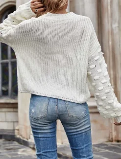 Online Women's Sweater Elegant Fashion Daily Solid Color Crew Neck Knitted Textured Long Sleeve Regular Tops Knit Work Black White Fall Winter Women Pullovers & Tops