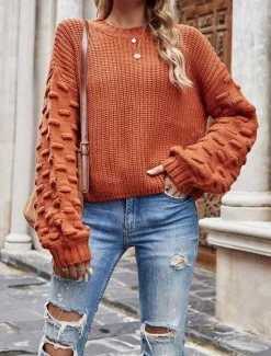 Online Women's Sweater Elegant Fashion Daily Solid Color Crew Neck Knitted Textured Long Sleeve Regular Tops Knit Work Black White Fall Winter Women Pullovers & Tops