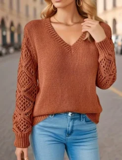 Sale Women's Sweater Elegant Solid Color Crochet V Neck Knitted Long Sleeve Regular Tops Knit Daily Blue Fuchsia Spring Fall Women Pullovers & Tops