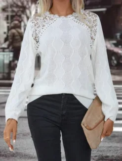 Best Women's Sweater Elegant Solid Color Waffle Crew Neck Lace Long Sleeve Regular Tops Knit Daily Spring Fall Women Pullovers & Tops