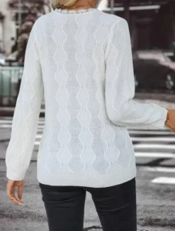 Best Women's Sweater Elegant Solid Color Waffle Crew Neck Lace Long Sleeve Regular Tops Knit Daily Spring Fall Women Pullovers & Tops