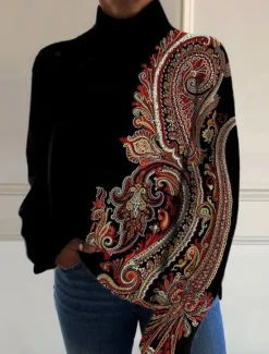 Best Women's Sweater Elegant Vacation Vintage Floral Graphic Geometric Turtleneck Print Long Sleeve Regular Tops Knit Daily Holiday Going out Black Pink Fall Women Pullovers & Tops