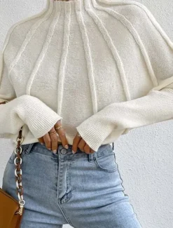 Hot Women's Sweater Fashion Daily Solid Color Mock Neck Knitted Textured Batwing Sleeve Long Sleeve Regular Tops Knit Home Work Daily Black White Fall Winter Women Pullovers & Tops