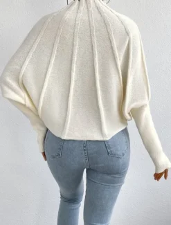 Hot Women's Sweater Fashion Daily Solid Color Mock Neck Knitted Textured Batwing Sleeve Long Sleeve Regular Tops Knit Home Work Daily Black White Fall Winter Women Pullovers & Tops