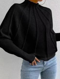 Hot Women's Sweater Fashion Daily Solid Color Mock Neck Knitted Textured Batwing Sleeve Long Sleeve Regular Tops Knit Home Work Daily Black White Fall Winter Women Pullovers & Tops