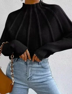 Hot Women's Sweater Fashion Daily Solid Color Mock Neck Knitted Textured Batwing Sleeve Long Sleeve Regular Tops Knit Home Work Daily Black White Fall Winter Women Pullovers & Tops