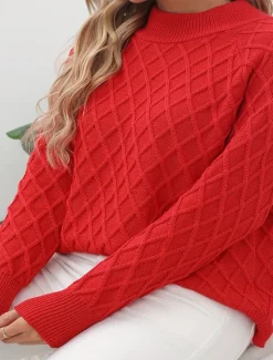 Women's Sweater Fashion Streetwear Daily Geometric Crew Neck Knitted Textured Long Sleeve Regular Tops Knit Work Black Red Fall Winter Women Pullovers & Tops