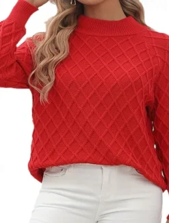 Women's Sweater Fashion Streetwear Daily Geometric Crew Neck Knitted Textured Long Sleeve Regular Tops Knit Work Black Red Fall Winter Women Pullovers & Tops