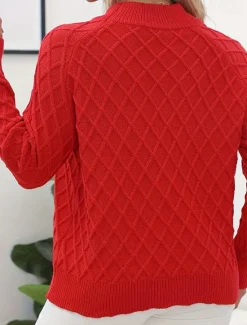 Women's Sweater Fashion Streetwear Daily Geometric Crew Neck Knitted Textured Long Sleeve Regular Tops Knit Work Black Red Fall Winter Women Pullovers & Tops