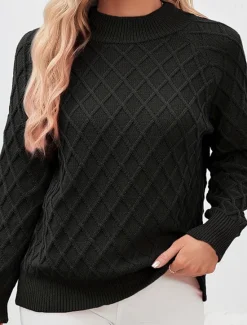 Women's Sweater Fashion Streetwear Daily Geometric Crew Neck Knitted Textured Long Sleeve Regular Tops Knit Work Black Red Fall Winter Women Pullovers & Tops