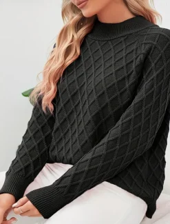 Women's Sweater Fashion Streetwear Daily Geometric Crew Neck Knitted Textured Long Sleeve Regular Tops Knit Work Black Red Fall Winter Women Pullovers & Tops