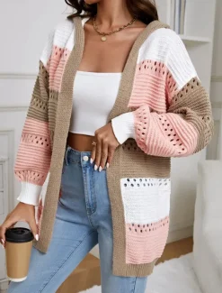New Women's Sweater Jacket Casual Sweater Casual Soft Color Block Crew Neck Hooded Lantern Sleeve Long Sleeve Regular Tops Knit Outdoor Daily Weekend Fall Winter Women Cardigans & Outerwears