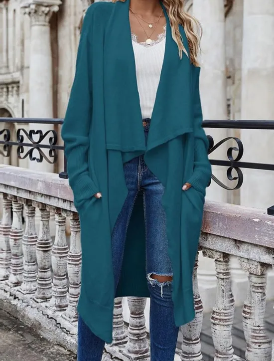 Best Women's Sweater Jacket Stylish Solid Color Open Front Pocket Batwing Sleeve Long Sleeve Long Tops Knit Work Black Wine Fall Winter Women Cardigans & Outerwears