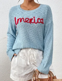 Clearance Women's Sweater Pullover Sweater Jumper Crew Neck Ribbed Knit Knitted Fall Winter Outdoor Daily Weekend Casual Soft Long Sleeve Letter White Red Women Pullovers & Tops