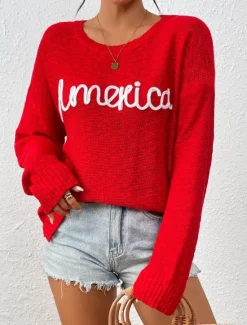 Clearance Women's Sweater Pullover Sweater Jumper Crew Neck Ribbed Knit Knitted Fall Winter Outdoor Daily Weekend Casual Soft Long Sleeve Letter White Red Women Pullovers & Tops