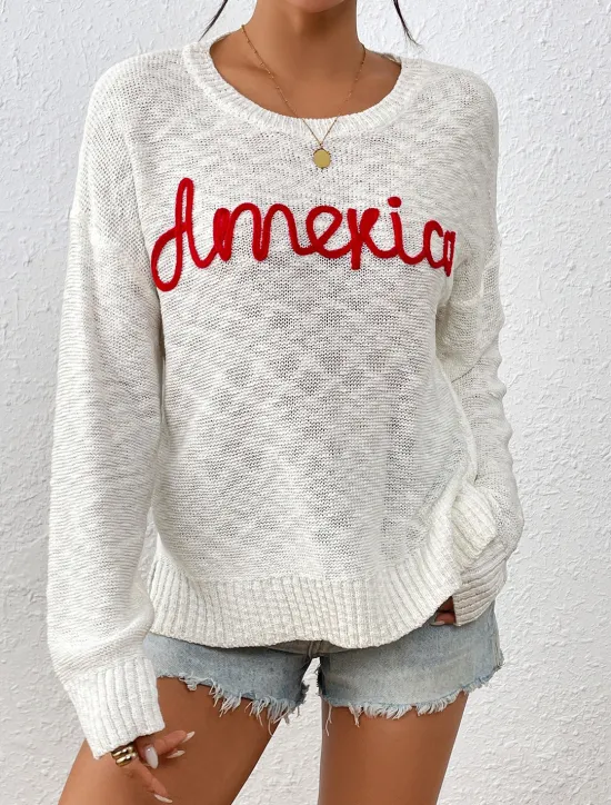 Clearance Women's Sweater Pullover Sweater Jumper Crew Neck Ribbed Knit Knitted Fall Winter Outdoor Daily Weekend Casual Soft Long Sleeve Letter White Red Women Pullovers & Tops