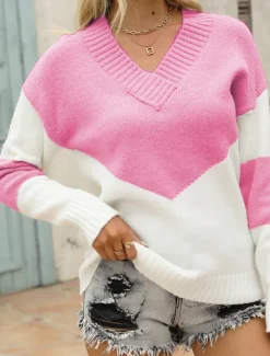 Discount Women's Sweater Pullover Sweater Jumper Casual Soft Color Block Ribbed V Neck Knitted Long Sleeve Regular Tops Knit Outdoor Daily Weekend Black Pink Fall Winter Women Pullovers & Tops