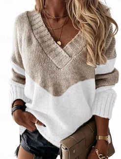 Discount Women's Sweater Pullover Sweater Jumper Casual Soft Color Block Ribbed V Neck Knitted Long Sleeve Regular Tops Knit Outdoor Daily Weekend Black Pink Fall Winter Women Pullovers & Tops