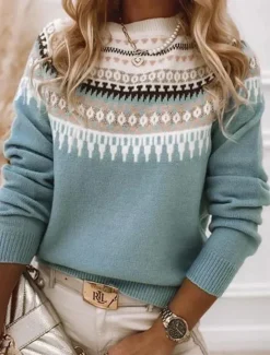 Discount Women's Sweater Pullover Sweater Jumper Casual Soft Geometric Color Block Ribbed Crew Neck Knitted Long Sleeve Regular Tops Knit Outdoor Daily Weekend Pink Blue Fall Winter Women Pullovers & Tops