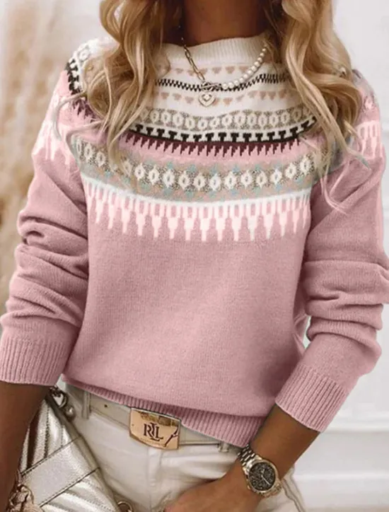 Discount Women's Sweater Pullover Sweater Jumper Casual Soft Geometric Color Block Ribbed Crew Neck Knitted Long Sleeve Regular Tops Knit Outdoor Daily Weekend Pink Blue Fall Winter Women Pullovers & Tops