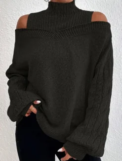 Sale Women's Sweater Pullover Sweater Jumper Casual Soft Pure Color Ribbed Turtleneck Knitted Cold Shoulder Long Sleeve Regular Tops Knit Outdoor Daily Weekend Black Blue Fall Winter Women Pullovers & Tops