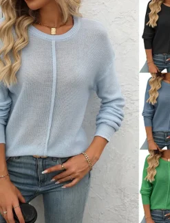 Clearance Women's Sweater Pullover Sweater Jumper Casual Soft Pure Color Ribbed Crew Neck Knitted Long Sleeve Regular Tops Knit Outdoor Daily Weekend Green Fall Winter Women Pullovers & Tops