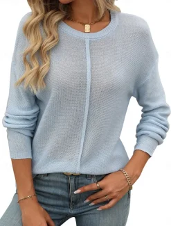 Clearance Women's Sweater Pullover Sweater Jumper Casual Soft Pure Color Ribbed Crew Neck Knitted Long Sleeve Regular Tops Knit Outdoor Daily Weekend Green Fall Winter Women Pullovers & Tops