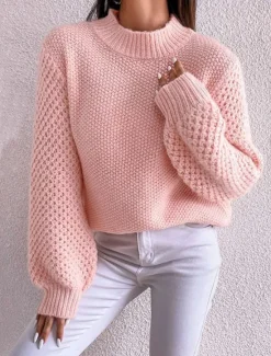 Clearance Women's Sweater Pullover Sweater Jumper Casual Soft Pure Color Ribbed Crew Neck Knitted Long Sleeve Regular Tops Knit Outdoor Daily Weekend White Pink Fall Winter Women Pullovers & Tops