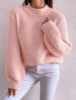 Clearance Women's Sweater Pullover Sweater Jumper Casual Soft Pure Color Ribbed Crew Neck Knitted Long Sleeve Regular Tops Knit Outdoor Daily Weekend White Pink Fall Winter Women Pullovers & Tops