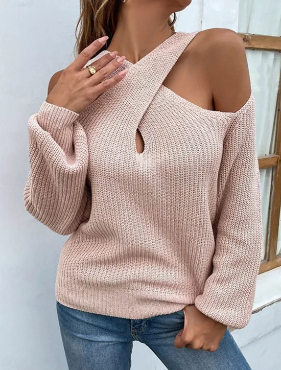Outlet Women's Sweater Pullover Sweater Jumper Casual Soft Pure Color Ribbed V Neck Knitted Long Sleeve Regular Tops Knit Outdoor Daily Weekend Pink Khaki Fall Winter Women Pullovers & Tops