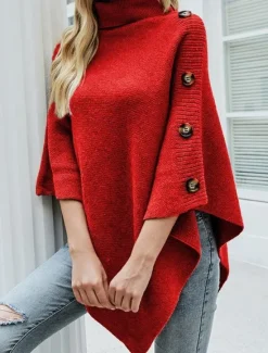 Outlet Women's Sweater Pullover Sweater Jumper Casual Soft Solid Color Ribbed Turtleneck Buttons Knitted Half Sleeve Regular Tops Knit Outdoor Daily Weekend Black Red Fall Winter Women Pullovers & Tops
