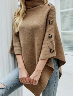 Outlet Women's Sweater Pullover Sweater Jumper Casual Soft Solid Color Ribbed Turtleneck Buttons Knitted Half Sleeve Regular Tops Knit Outdoor Daily Weekend Black Red Fall Winter Women Pullovers & Tops