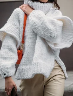Women's Sweater Pullover Sweater Jumper Casual Soft Pure Color Ribbed Turtleneck Knitted Long Sleeve Regular Tops Knit Outdoor Daily Weekend White Blue Fall Winter Women Pullovers & Tops