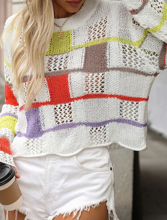 Best Women's Sweater Pullover Sweater Jumper Casual Soft Plaid Crochet Crew Neck Patchwork Knitted Long Sleeve Regular Tops Knit Outdoor Daily Weekend Black White Fall Winter Women Pullovers & Tops