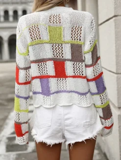 Best Women's Sweater Pullover Sweater Jumper Casual Soft Plaid Crochet Crew Neck Patchwork Knitted Long Sleeve Regular Tops Knit Outdoor Daily Weekend Black White Fall Winter Women Pullovers & Tops