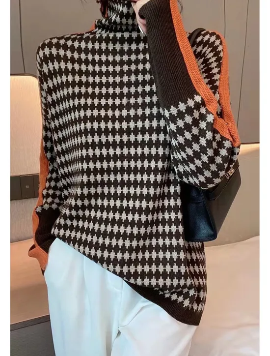 Clearance Women's Sweater Pullover Sweater Jumper Casual Soft Plaid Ribbed Turtleneck Knitted Long Sleeve Regular Tops Knit Outdoor Daily Weekend Orange Green Fall Winter Women Pullovers & Tops