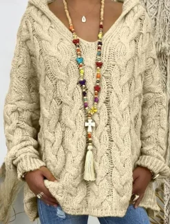 Hot Women's Sweater Pullover Sweater Jumper Casual Soft Color Block Pure Color Ribbed Hooded Knitted Long Sleeve Regular Tops Knit Outdoor Daily Weekend White Apricot Fall Winter Women Pullovers & Tops