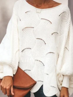 Best Women's Sweater Pullover Sweater Jumper Casual Soft Pure Color Ribbed Crew Neck Hollow Out Knitted Long Sleeve Regular Tops Knit Outdoor Daily Weekend White Pink Fall Winter Women Pullovers & Tops