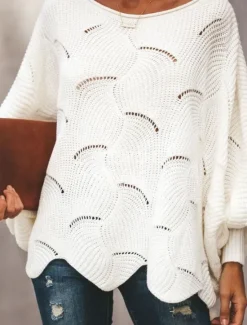 Best Women's Sweater Pullover Sweater Jumper Casual Soft Pure Color Ribbed Crew Neck Hollow Out Knitted Long Sleeve Regular Tops Knit Outdoor Daily Weekend White Pink Fall Winter Women Pullovers & Tops