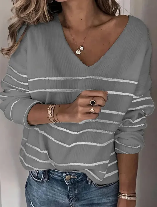 New Women's Sweater Pullover Sweater Jumper Casual Soft Striped Ribbed V Neck Knitted Long Sleeve Regular Tops Knit Outdoor Daily Weekend White Khaki Fall Winter Women Pullovers & Tops