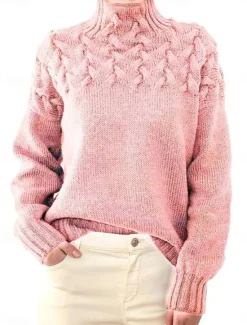 Sale Women's Sweater Pullover Sweater Jumper Casual Soft Pure Color Ribbed Turtleneck Knitted Long Sleeve Regular Tops Knit Outdoor Daily Weekend Black Pink Fall Winter Women Pullovers & Tops