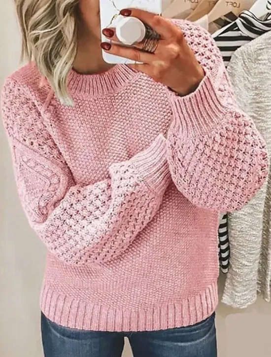 Women's Sweater Pullover Sweater Jumper Casual Soft Pure Color Cable Crew Neck Knitted Long Sleeve Regular Tops Knit Outdoor Daily Weekend White Pink Fall Winter Women Pullovers & Tops