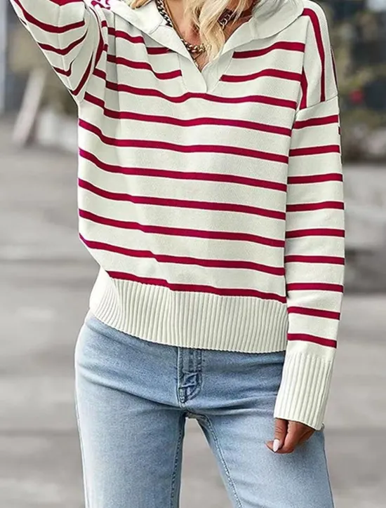Sale Women's Sweater Pullover Sweater Jumper Casual Soft Striped Ribbed Shirt Collar Knitted Long Sleeve Regular Tops Knit Outdoor Daily Weekend Black Red Fall Winter Women Pullovers & Tops