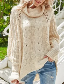 Hot Women's Sweater Pullover Sweater Jumper Casual Soft Pure Color Cable Turtleneck Knitted Long Sleeve Regular Tops Knit Outdoor Daily Weekend Navy Blue Beige Fall Winter Women Pullovers & Tops