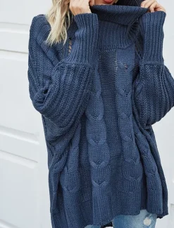 Hot Women's Sweater Pullover Sweater Jumper Casual Soft Pure Color Cable Turtleneck Knitted Long Sleeve Regular Tops Knit Outdoor Daily Weekend Navy Blue Beige Fall Winter Women Pullovers & Tops